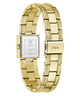 Gold-tone stainless steel women's watch with a square case and integrated link bracelet, shown from the back on a white background.