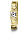 A gold-tone rectangular women's watch with a matching metal link bracelet, featuring a white dial with black Roman numerals and diamond accents around the bezel and lugs, shown on a clean white background.