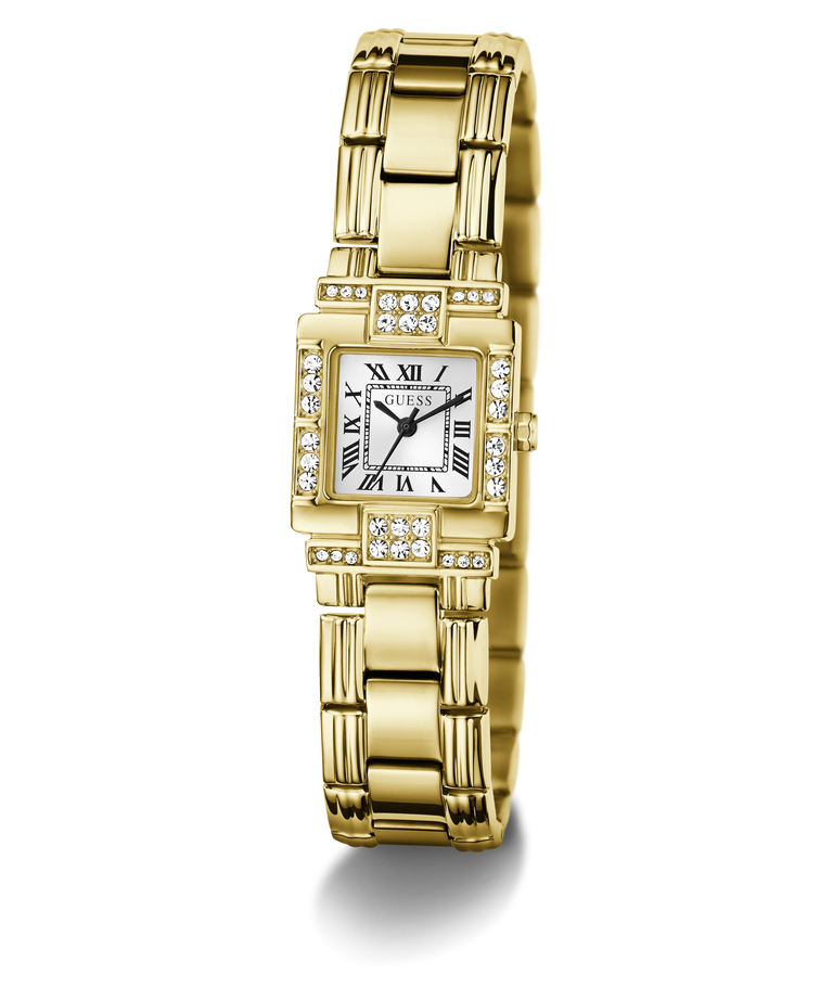 A gold-tone rectangular women's watch with a matching metal link bracelet, featuring a white dial with black Roman numerals and diamond accents around the bezel and lugs, shown on a clean white background.