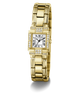 A gold-tone rectangular women's watch with a matching metal link bracelet, featuring a white dial with black Roman numerals and diamond accents around the bezel and lugs, shown on a clean white background.