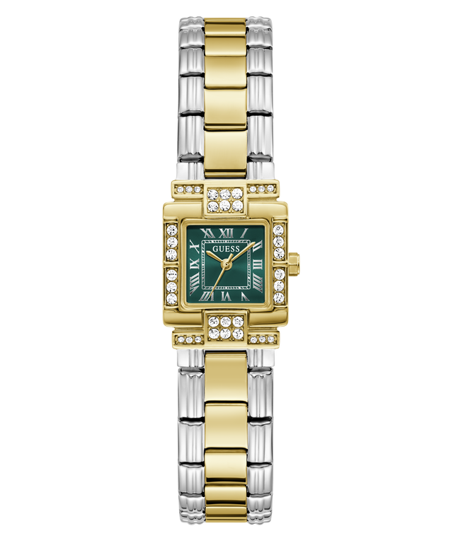 A Guess women's watch featuring a two-tone gold and silver stainless steel link bracelet, a green dial with gold-tone hands and Roman numerals, and diamond accents around the bezel and lugs.