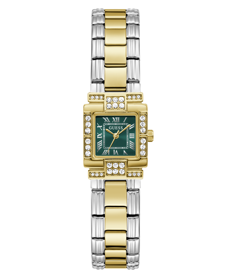A Guess women's watch featuring a two-tone gold and silver stainless steel link bracelet, a green dial with gold-tone hands and Roman numerals, and diamond accents around the bezel and lugs.