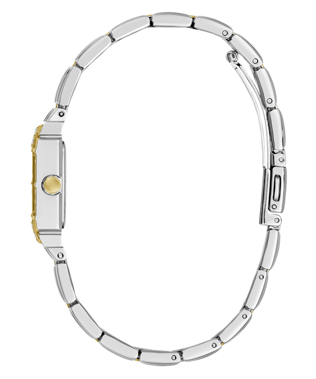 A close-up side view of a silver-toned metal link bracelet watch with a gold-tone crown button and side accent, isolated on a white background.