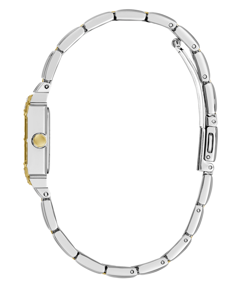A close-up side view of a silver-toned metal link bracelet watch with a gold-tone crown button and side accent, isolated on a white background.
