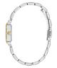 A close-up side view of a silver-toned metal link bracelet watch with a gold-tone crown button and side accent, isolated on a white background.