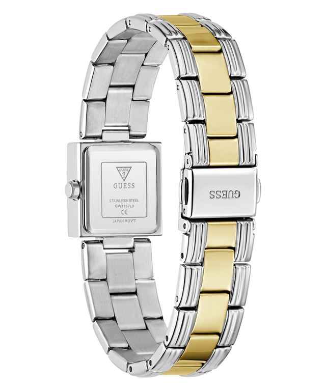 A GUESS stainless steel watch with a two-tone link bracelet, shown from the back. The bracelet features alternating polished silver and gold links, and the square case back is visible with the GUESS brand name and 'STAINLESS STEEL' text engraved on it.