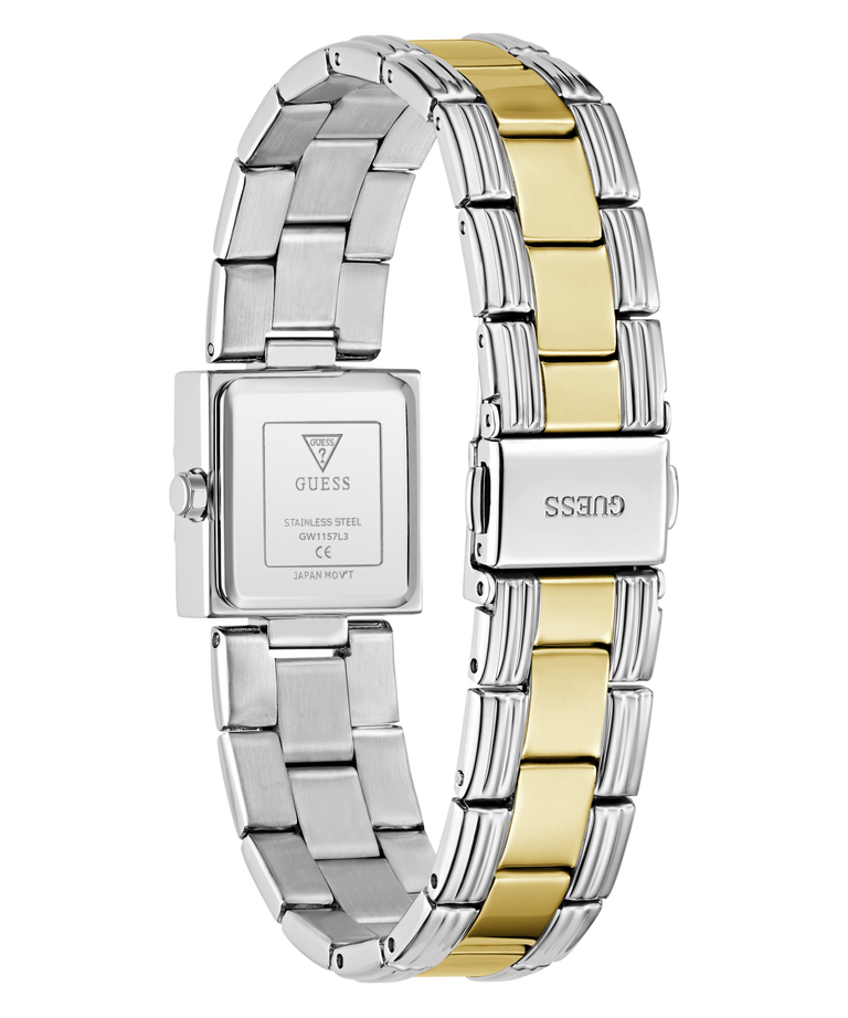 A GUESS stainless steel watch with a two-tone link bracelet, shown from the back. The bracelet features alternating polished silver and gold links, and the square case back is visible with the GUESS brand name and 'STAINLESS STEEL' text engraved on it.