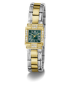 A luxury two-tone watch by GUESS, featuring a gold and silver stainless steel link bracelet, a green dial with gold Roman numerals, and diamond accents on the bezel and crystal.