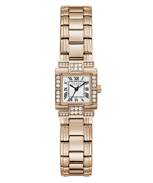 GUESS women's watch featuring a rectangular rose gold case and link bracelet, accented with diamond-like crystals around the bezel and lugs, and a white dial with black Roman numerals.