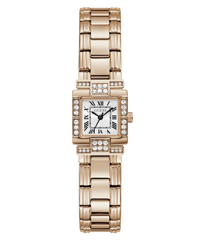GUESS women's watch featuring a rectangular rose gold case and link bracelet, accented with diamond-like crystals around the bezel and lugs, and a white dial with black Roman numerals.