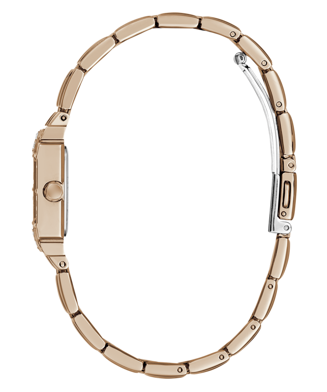 A close-up side view of a slim watch with a rose gold-toned metal link bracelet and a silver-toned clasp, shown on a plain white background.