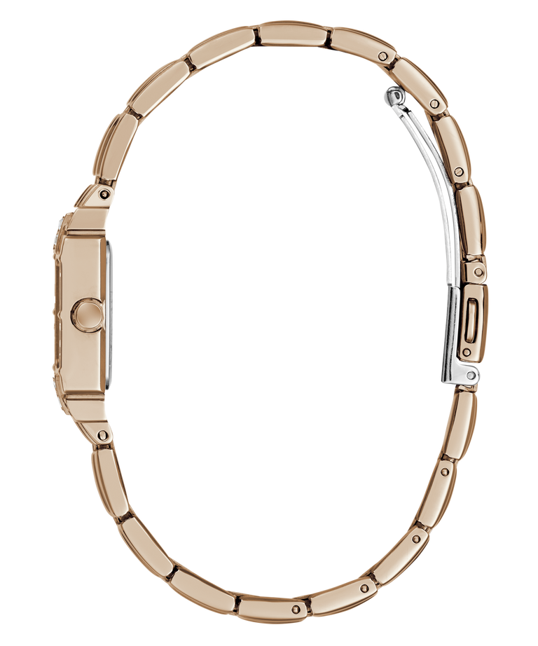 A close-up side view of a slim watch with a rose gold-toned metal link bracelet and a silver-toned clasp, shown on a plain white background.