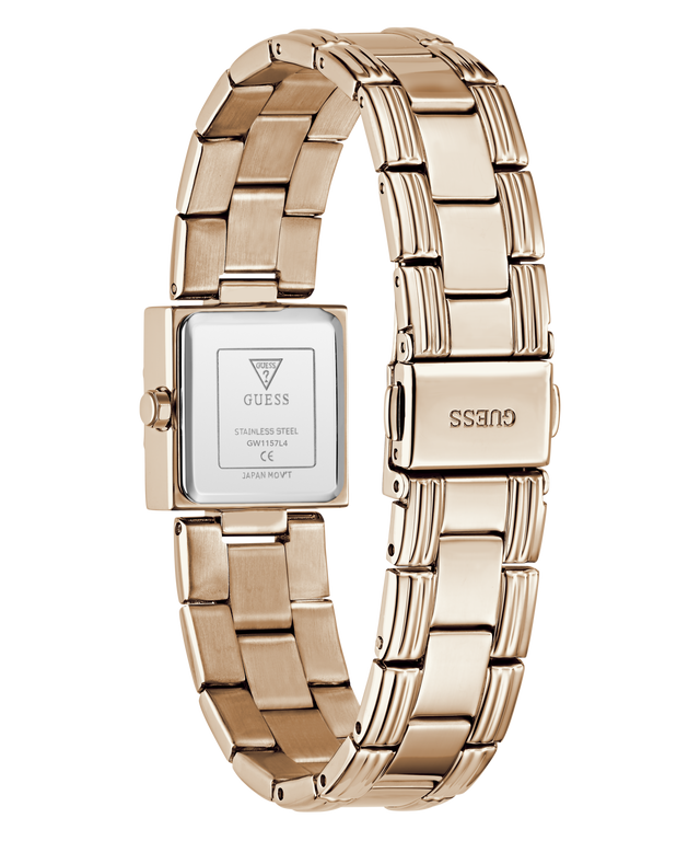 A rose gold stainless steel watch with a square case, shown from the back to display the brand logo and clasp on a solid white background.
