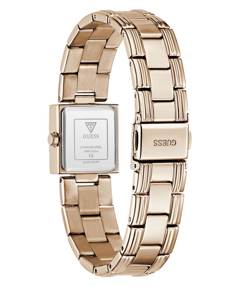 A rose gold stainless steel watch with a square case, shown from the back to display the brand logo and clasp on a solid white background.