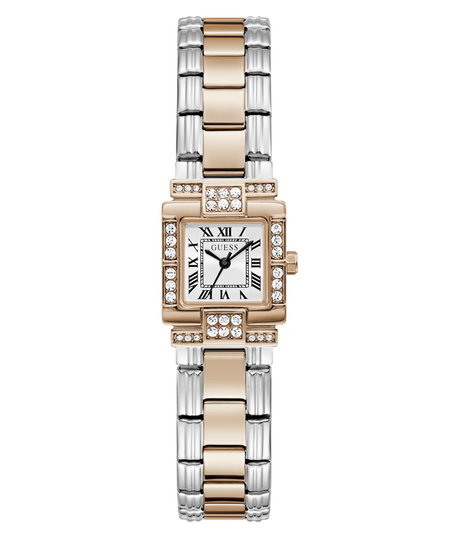 A GUESS women's watch featuring a two-tone rose gold and silver stainless steel link bracelet, a white dial with black Roman numerals, and a bezel accented with pavé-set clear crystals, shown against a plain white background.