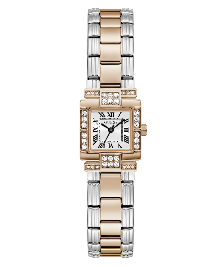 A GUESS women's watch featuring a two-tone rose gold and silver stainless steel link bracelet, a white dial with black Roman numerals, and a bezel accented with pavé-set clear crystals, shown against a plain white background.