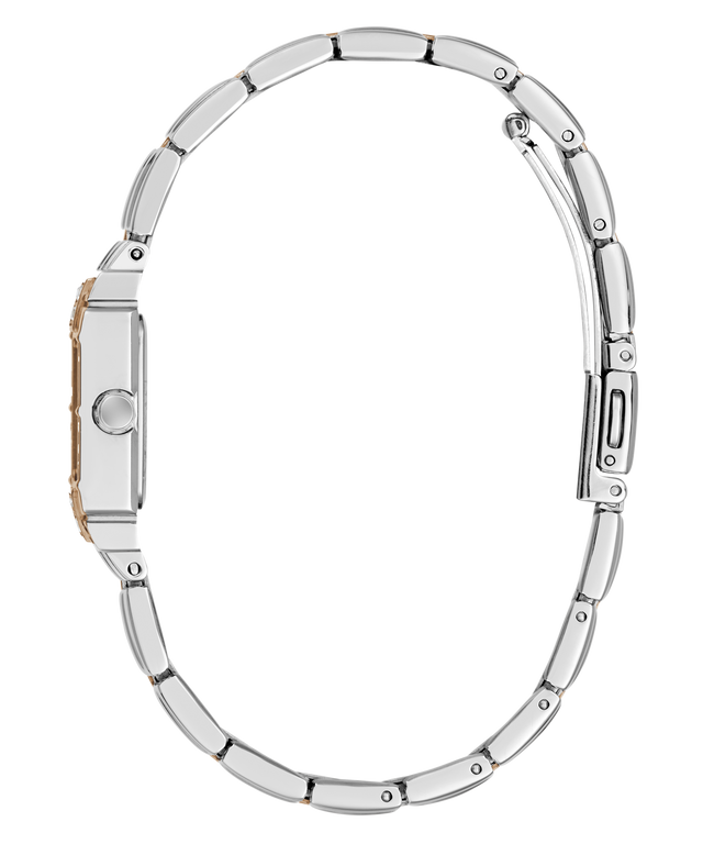 Silver stainless steel link bracelet watch shown from the side profile against a white background.