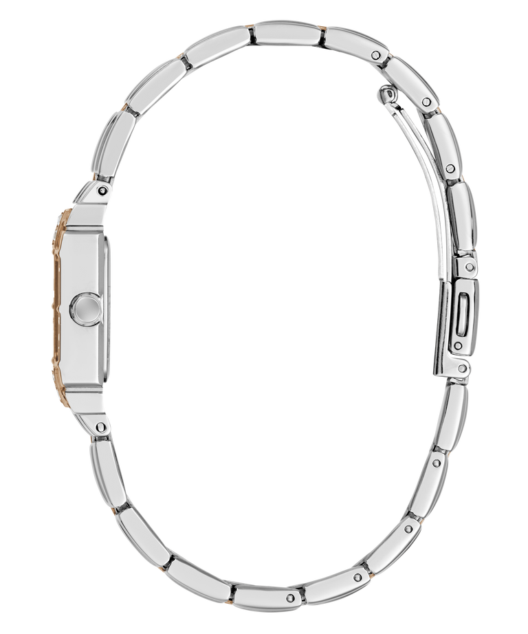 Silver stainless steel link bracelet watch shown from the side profile against a white background.