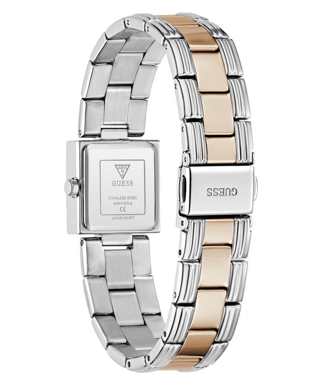 A GUESS women's stainless steel watch with a two-tone link bracelet, shown from the back. The bracelet features alternating silver and rose gold links, and the square case back is visible with 'GUESS' and 'STAINLESS STEEL' engraved on it.