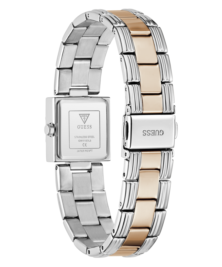 A GUESS women's stainless steel watch with a two-tone link bracelet, shown from the back. The bracelet features alternating silver and rose gold links, and the square case back is visible with 'GUESS' and 'STAINLESS STEEL' engraved on it.