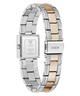 A GUESS women's stainless steel watch with a two-tone link bracelet, shown from the back. The bracelet features alternating silver and rose gold links, and the square case back is visible with 'GUESS' and 'STAINLESS STEEL' engraved on it.