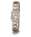 A GUESS watch with a two-tone silver and rose gold bangle bracelet, a silver rectangular dial with black Roman numerals, and a bezel set with clear crystals, shown on a white background.