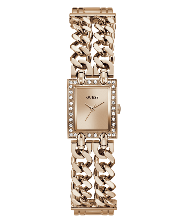 A GUESS women's watch featuring a rectangular rose gold-tone case with a crystal-detailed bezel and matching rose gold-tone chain link bracelet, shown against a plain white background.