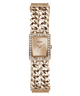 A GUESS women's watch featuring a rectangular rose gold-tone case with a crystal-detailed bezel and matching rose gold-tone chain link bracelet, shown against a plain white background.