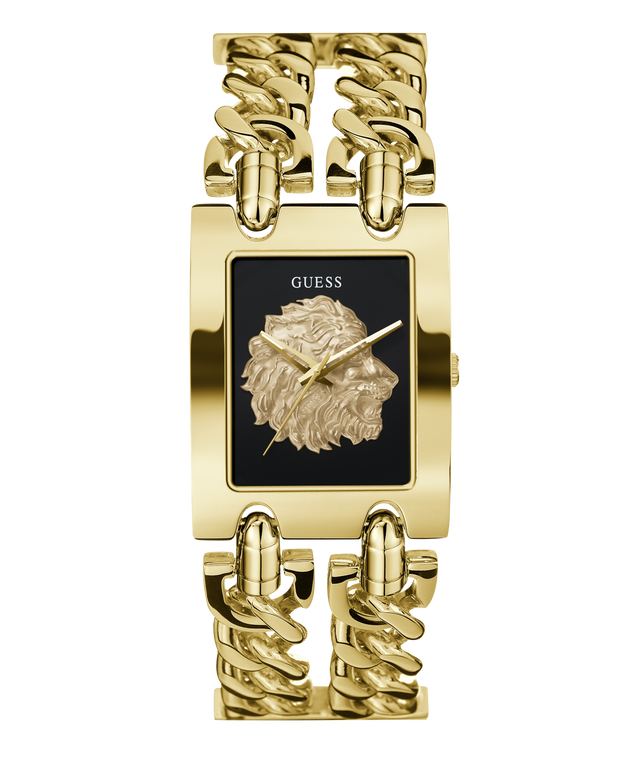 Gold-tone Guess women's watch with a rectangular black dial featuring a raised lion head logo, paired with a chunky Cuban link bracelet.