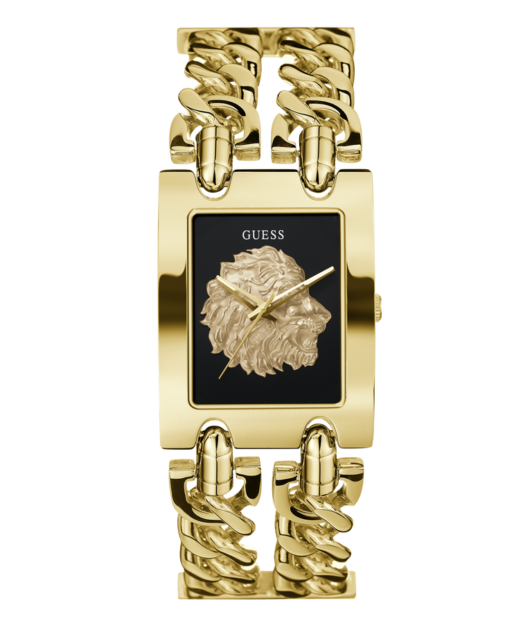 Gold-tone Guess women's watch with a rectangular black dial featuring a raised lion head logo, paired with a chunky Cuban link bracelet.