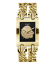Gold-tone Guess women's watch with a rectangular black dial featuring a raised lion head logo, paired with a chunky Cuban link bracelet.