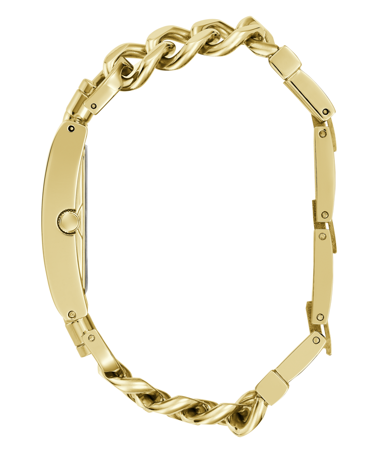 Gold bracelet with a braided design on a white background