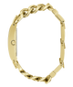 Gold bracelet with a braided design on a white background