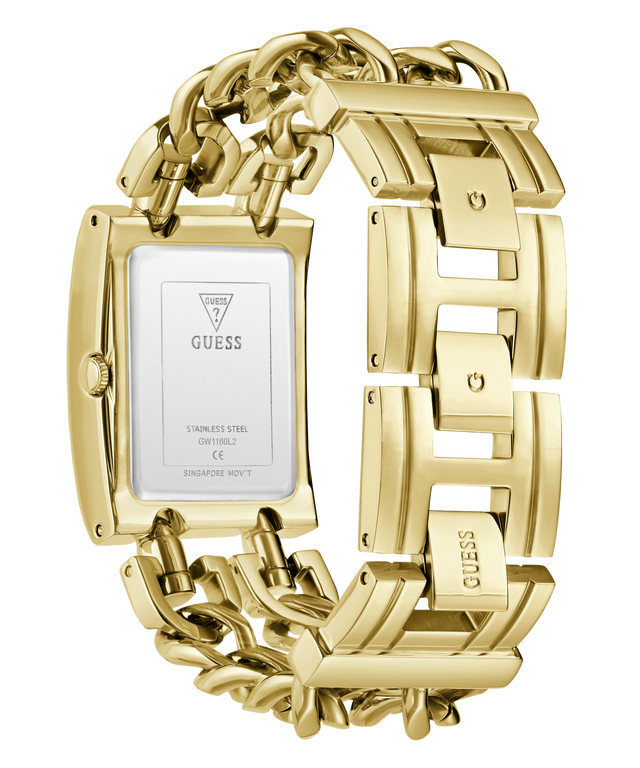 Gold-tone stainless steel women's watch with a rectangular case and chunky link bracelet, shown from the back on a white background. The back of the case features a silver-colored insert with the GUESS brand name and model details.