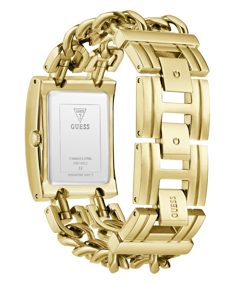 Gold-tone stainless steel women's watch with a rectangular case and chunky link bracelet, shown from the back on a white background. The back of the case features a silver-colored insert with the GUESS brand name and model details.