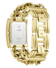 Gold-tone stainless steel women's watch with a rectangular case and chunky link bracelet, shown from the back on a white background. The back of the case features a silver-colored insert with the GUESS brand name and model details.
