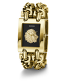 Gold-tone Guess watch with a rectangular black dial, a raised lion head logo at the center, and a matching chain-link bracelet on a white background.
