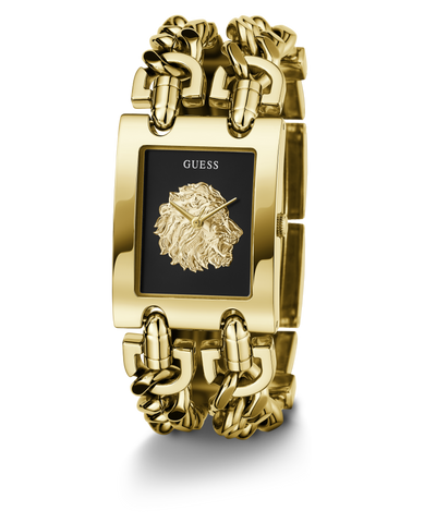 Gold-tone Guess watch with a rectangular black dial, a raised lion head logo at the center, and a matching chain-link bracelet on a white background.