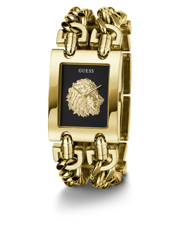 Gold-tone Guess watch with a rectangular black dial, a raised lion head logo at the center, and a matching chain-link bracelet on a white background.