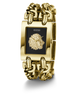 Gold-tone Guess watch with a rectangular black dial, a raised lion head logo at the center, and a matching chain-link bracelet on a white background.