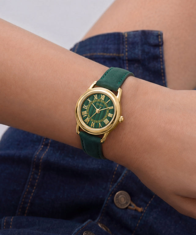 GUESS Archive Chris 95 Green Gold Tone Analog Watch on wrist