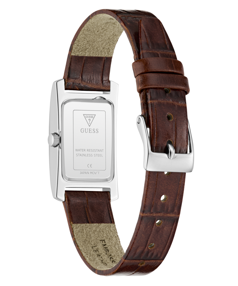 A close-up of a wristwatch strap on a white background, showing the back of a silver rectangular watch case with a brown leather strap and a silver buckle.