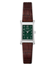 A Guess wristwatch with a silver-tone rectangular case, a dark green dial with white Arabic numerals, and a brown textured leather strap, shown against a plain white background.