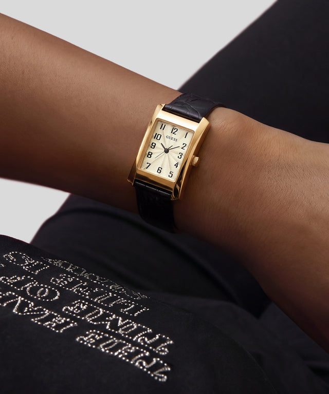 GUESS Archive Alex 90 Black Gold Tone Analog Watch on wrist