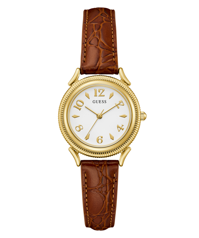 A Guess wristwatch with a round gold-tone case, white dial with gold-tone markers and hands, and a brown leather strap with an embossed crocodile pattern.