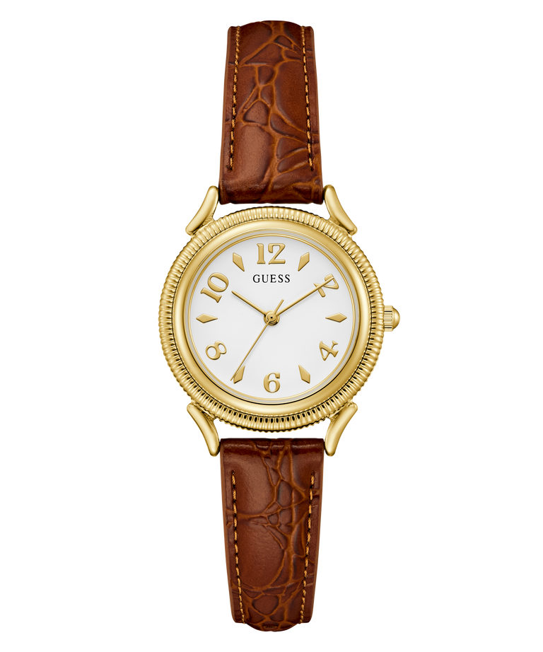 A Guess wristwatch with a round gold-tone case, white dial with gold-tone markers and hands, and a brown leather strap with an embossed crocodile pattern.