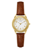 A Guess wristwatch with a round gold-tone case, white dial with gold-tone markers and hands, and a brown leather strap with an embossed crocodile pattern.