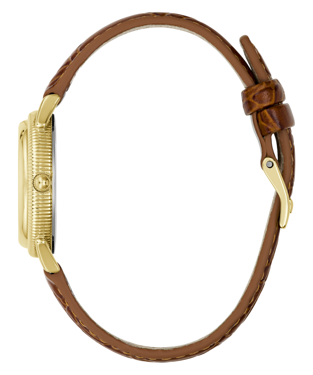 A close-up side view of a wristwatch with a textured gold-tone case and a brown leather strap on a plain white background.
