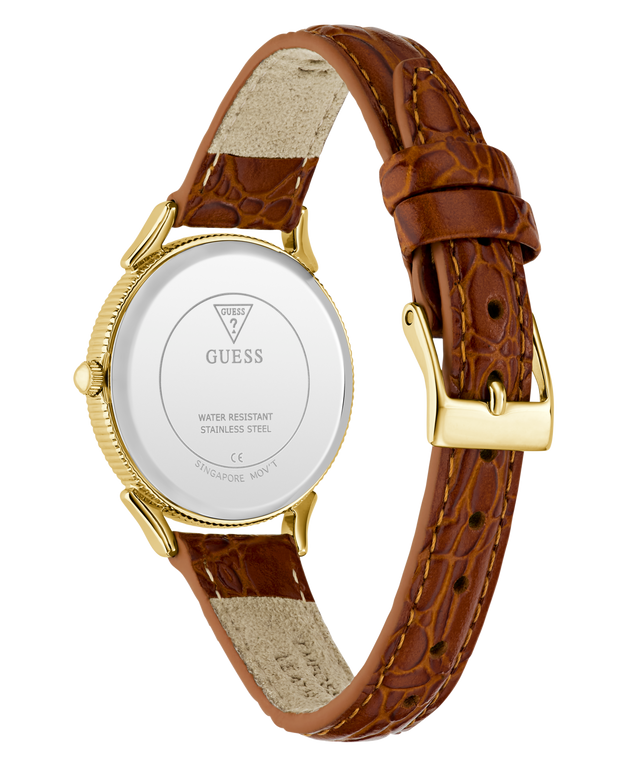 The back of a Guess wristwatch with a brown crocodile-embossed leather strap, gold-tone case, and gold buckle, shown on a white background.