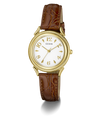 A classic Guess wristwatch with a gold-tone case, white dial with gold Arabic numerals, and a brown leather strap with an embossed crocodile pattern, shown on a white background with a soft shadow.
